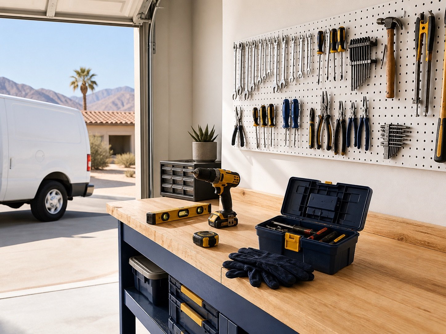 An organized handyman workbench with tools and a white service van