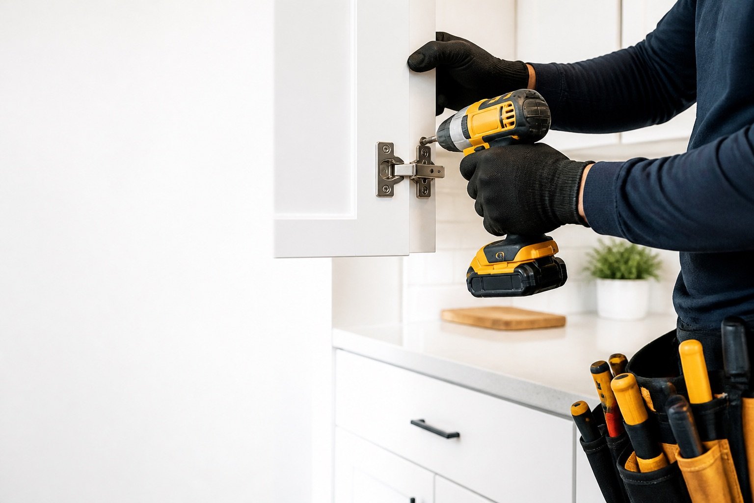 Gloved hands using a cordless drill to install a cabinet hinge